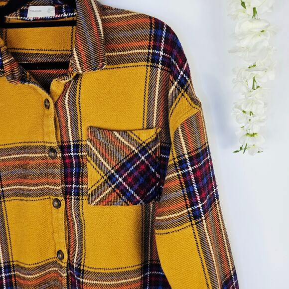 Maurices XL Mustard Plaid Shirt Flannel Shacket Oversize Fall Cozy Rustic Grunge - Picture 6 of 14